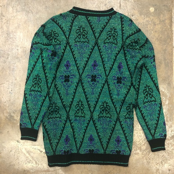Vintage 70s Lurex Sweater Oversized Green Black - Picture 5 of 5